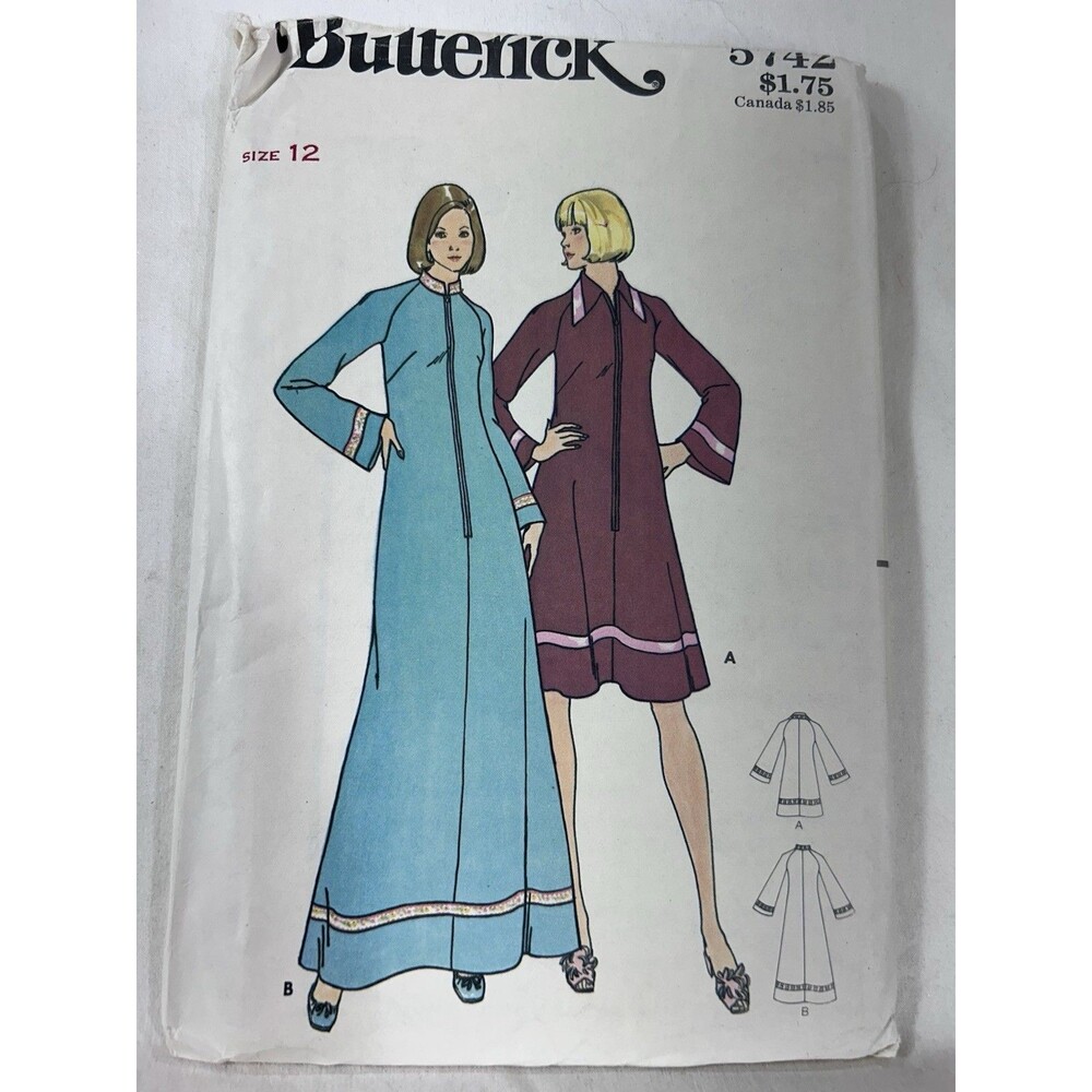 UNCUT Vintage 1970s Butterick 5742 Robe Caftan Sewing Pattern Sz 12